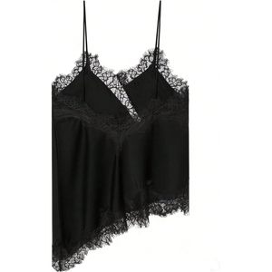 FOXA Women's Satin Lace Trim Asymmetrical Camisole Spaghetti Strap V-Neck Club Dressy <b>Silky</b> <b>Top</b> - Product Image 3
