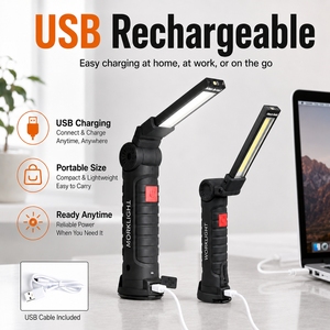 Lampe de travail LED pliable rechargeable COB, lampe d'inspection USB avec base magnétique, crochet de suspension et pince pour réparation automobile, camping et urgences - Product Image 3