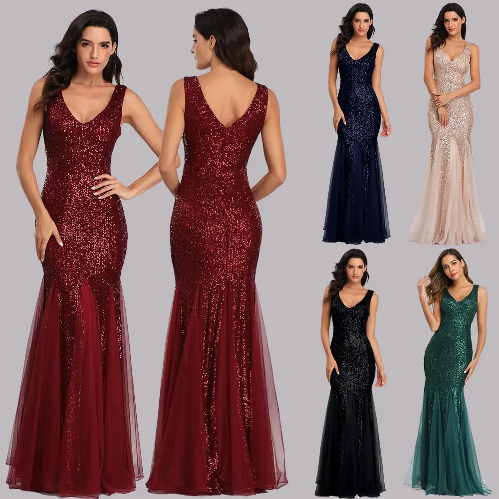 Kadınlar mesh kolsuz mermaid balo robe de soiree bling v boyun özel kadınlar lüks pullu akşam elbise