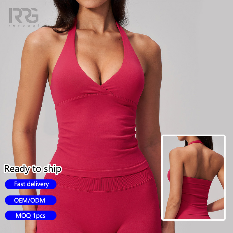 Roregal Seamless V-Neck Yoga Tank Top Women Halter Neck Slim Fit Gym Workout Vest Sexy Open Back Sports Top for Running