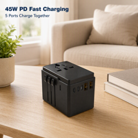 Adaptor Perjalanan Universal 45W 3 USB-C 2 USB-A Adaptor Colokan Internasional untuk Penggunaan Laptop