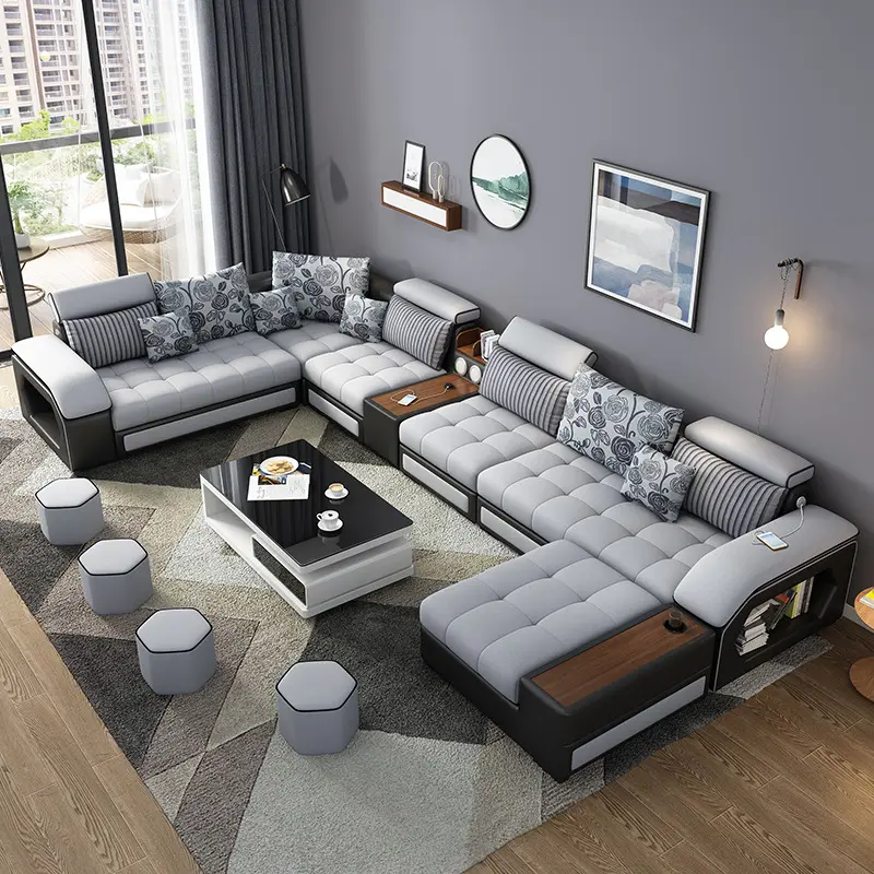 Moderne Eenvoudige Stoffen Bank Woonkamer Meubels Multi-Functionele Sofa Luxe Comfort Design U-Vormige Sofa Combinatie