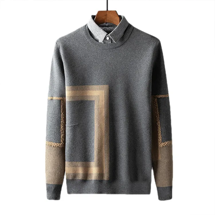 Autumn and winter two-piece sweater men's youth shirt collar solid color European and American top jacquard sweater
