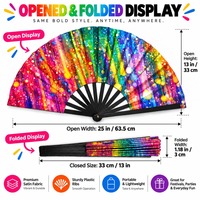 Éventail personnalisé 33 cm (13 pouces) en bois, bambou, plastique, avec éclaboussures de peinture néon, idéal pour le Mardi Gras, les défilés, avec paillettes et son clac clac