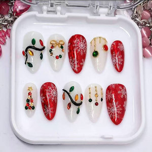 <span class=keywords><strong>Uñas</strong></span> Postizas de Lujo, Largas, Tipo Ataúd, Hechas a Mano, con Decoración de Diamantes de Imitación, Tema Navideño, Acrílicas - Product Image 4