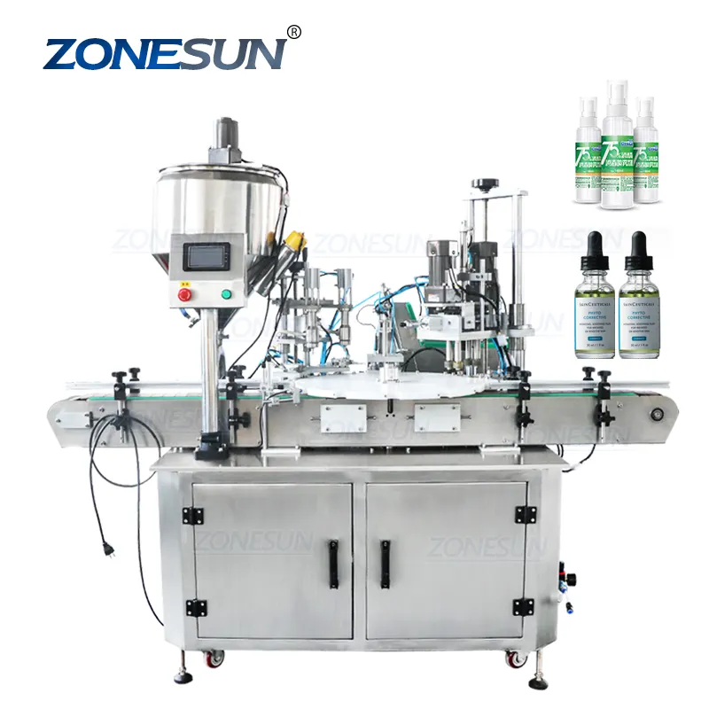 ZONESUN ड्रॉपर शीशी शहद नेल पॉलिश की बोतल पूर्ण स्वचालित रोटरी इत्र Pates तरल भरने और कैपिंग मशीन स्प्रे