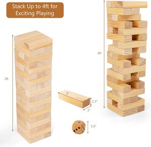 Jouet en bois de culbutage 54 pièces jeu d'empilage de blocs en bois de pin sac de transport, dés attachés, bord incurvé, jeu de tour de cour convient - Product Image 6