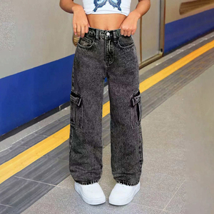 Pantalons en <span class=keywords><strong>jean</strong></span> noir tendance pour adolescentes, multi-poches latérales, coupe droite, cargo, pantalons décontractés pour enfants, personnalisés - Product Image 1