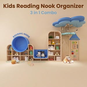 Chiquitos Angolo di Lettura Personalizzato in Legno per Bambini con Scaffale Portaoggetti e Cuscino Morbido Blu Bianco Legno Naturale per Scuola Materna e Asilo - Product Image 2