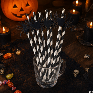 Pailles à boire en papier araignée pour Halloween, 20 pièces, pailles de fête rayées noir et blanc pour les fêtes - Product Image 2