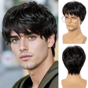 <span class=keywords><strong>Parrucca</strong></span> da uomo europea e americana di tendenza, capelli corti lisci neri con frangia laterale, in fibra sintetica resistente al calore, realistica - Product Image 1