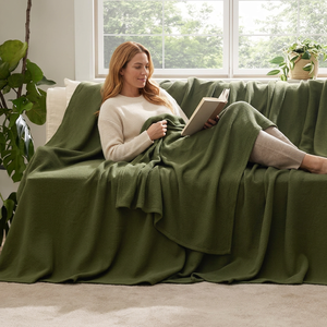 Green Knitted <b>Throw</b> Blanket Solid Color Wool Acrylic Blend Rectangular Anti-Pilling Home Use Four Seasons Cozy Soft Cover - Product Image 1