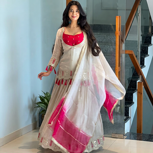 <b>Women</b> Cream Orgnezza Silk Anarkali <b>Suit</b> Set with Pink Blouse Dupatta Tassel Floor Length Ethnic Traditional Wear Quick Dry - Product Image 1