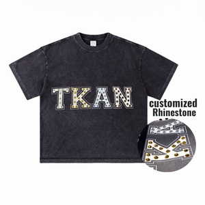 TKAN257 Logo strass personnalisé épaule tombante ourlet brut surdimensionné tricoté Hip Hop T-Shirt hommes poids lourd 100% coton coupe et coudre - Product Image 1