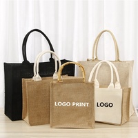 Grand sac à main noir en coton et lin naturel imprimé de logo personnalisé et pas cher sac de plage en toile de jute sacs à main en chanvre et jute sac fourre-tout