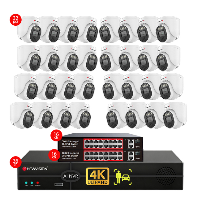 36ch Nvr 32x8MP Outdoor Audio PoE IP Cameras 4K 8MP Metal Dome AI Human Vehicle Detection 25FPS Home Security Camera System PoE