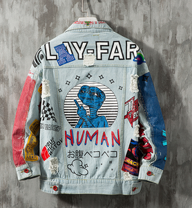 LILUO 2025 Popular Vintage Ink Korea Style Indigo Blue <strong>Hippie</strong> Washed Destroy Denim Men <strong>Jackets</strong> - Product Image 2