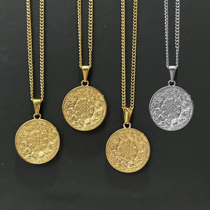 Vintage Astrology Pendant Necklace Stainless Steel Ancient Tibetan Zodiac Coin Jewelry 12 Zodiac Sign Pendant Religious Necklace