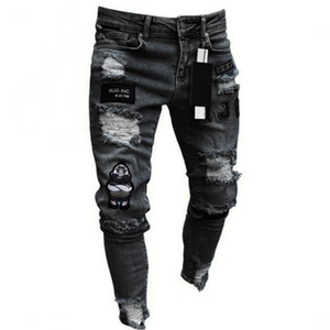 Nouveau Jean Blanc Déchiré Style Italien pour Homme avec Écussons et Patchs Artistiques, Coupe Droite, Style Motard, Denim Décontracté Mi-léger - Product Image 2