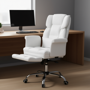 Silla de Oficina Ejecutiva Ergonómica Giratoria con Reposapiés, Soporte Lumbar, Cuero PU Blanco, Silla de Escritorio Reclinable - Product Image 2