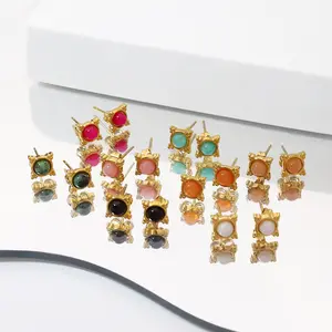 Vintage Grain Mini Earrings 18K Gold Plated Stainless Steel Multi Color Natural Stone Inlay 4 Prong Stud Earrings
