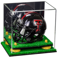 Casque de football mini-miniature en acrylique (pas pleine grandeur) vitrine avec miroir, contremarches et base de gazon