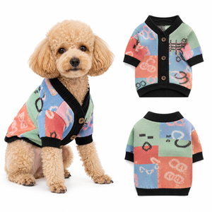 Pull pour chien à col en V imprimé dessin animé color block, cardigan tricoté à manches courtes boutonné, tenue chaude pour chiot de petite et moyenne taille - Product Image 1
