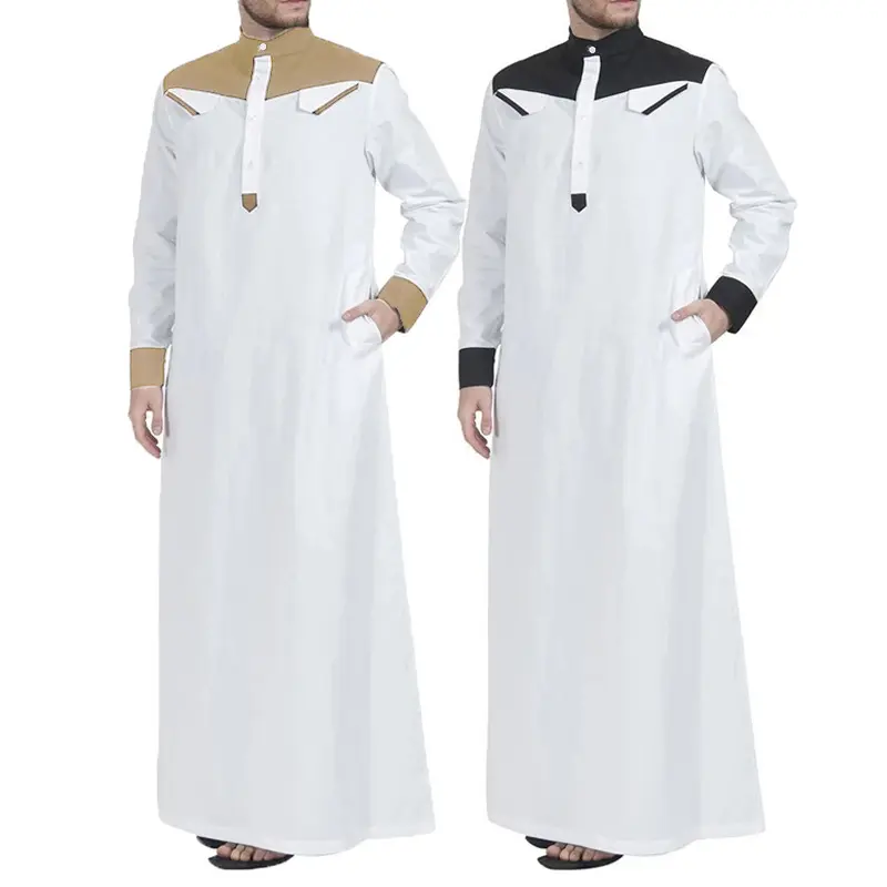 मुस्लिम अरबी पुरुषों के कपड़े ढीले स्टैंड कॉलर चिथड़े लंबी आस्तीन Abaya बागे मध्य पूर्व इस्लामी दुबई जुब्बा Thobe जेब