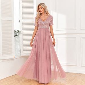 Robe de soirée élégante en tulle éco-responsable pour femmes, nouvelle robe à manches courtes, col en V avec décoration en dentelle - Product Image 1