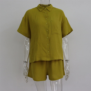 Onlinesummer Custom Dames Kleding Plooi Blouse Outfits Biker Knoop Linnen Shirt En Korte Broek Sets 2 Tweedelige Dames <span class=keywords><strong>Lou</strong></span> - Product Image 4