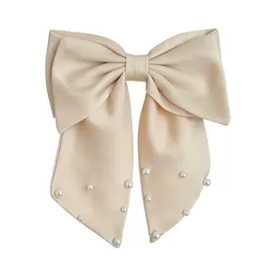 2023 Spring Fashionable Handmade Super Large Bow Clip Silk Fabric Hair Clip Hair Barrette With Pearls