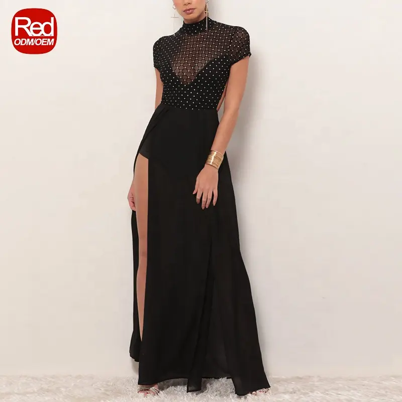 High Quality Sexy Slit Black Dresses Formal Elegant Cocktail Dresses Backless Couture Black Diamond Mesh Maxi Dress