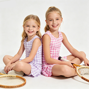 Ensemble de tenue de tennis bleu à carreaux pour petites filles, débardeur sans manches à col rond extensible et doux pour enfants, short fluide coupe crayon - Product Image 3