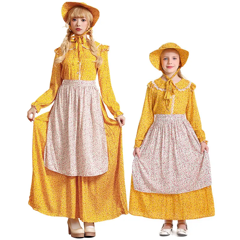 2024 New Girl Kostüm Kolonial Prärie Kleid für Kinder Erwachsene Eltern-Kind Gelb Blumen Halloween Purim Thanksgiving Day