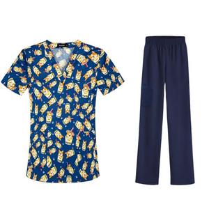 Ensembles imprimés uniforme multicolore et femmes Logo personnalisé respirant hôpital soins infirmiers gommage ensembles imprimés hauts col en v hôpital - Product Image 6