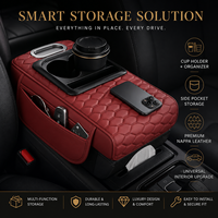 Boîte de rangement pour console centrale de voiture Luxfit en cuir Nappa de luxe, avec double porte-gobelets, poche latérale, emplacement pour téléphone, universel