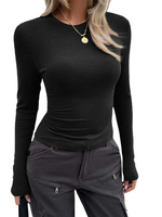 Haut côtelé à manches longues et col rond pour femme, coupe ajustée, extensible, couleur taupe, t-shirt basique pour le quotidien, le bureau ou les loisirs, logo OEM personnalisé