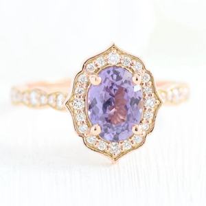 Bague en or 18 carats avec quartz lavande et diamant, élégante bague de fiançailles ronde pour les fêtes, ensemble de bijoux fins - Product Image 1