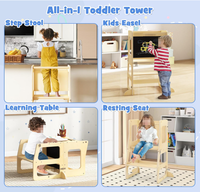 Tabouret de cuisine pliable 4-en-1, tour d'apprentissage Montessori, marchepied, table et chaise avec tableau noir