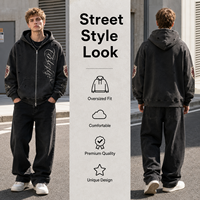 Felpa con Cappuccio da Uomo Y2K con Cerniera, Personalizzata con Strass, Effetto Invecchiato, Lavaggio Acido, in Cotone Pesante Felpato, Stampa Oversize Vintage