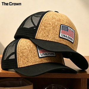 Custom Logo 6 Panel Cork Trucker <b>Hat</b> Wholesale Bulk Wood Grain Texture Mesh <b>Cap</b> With Woven Patch Manufacturer - Product Image 1