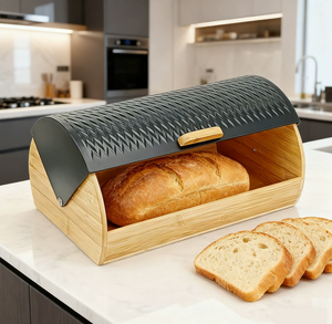 กล่องใส่ขนมปังสแตนเลสแบบดึงฝา, กล่องเก็บขนมปังฐานไม้ไผ่, กล่องใส่ขนมปังบนเคาน์เตอร์, กล่องใส่ขนมปังกันฝุ่นขายส่ง - Product Image 1