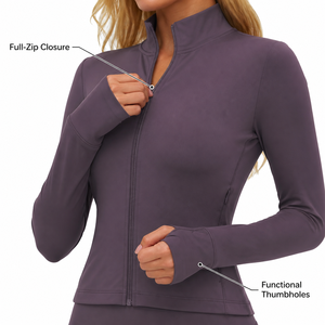 Conjunto de Yoga de Tres Piezas Color Morado Ciruela Premium para Mujer, con Chaqueta con Cierre, Sujetador Halter y Pantalones Anchos para Fitness Profesional - Product Image 6