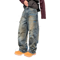 Jeans à jambes larges en denim 100% coton, personnalisés, de haute qualité, vintage, effet vieilli, déchirés et rapiécés, usine OME