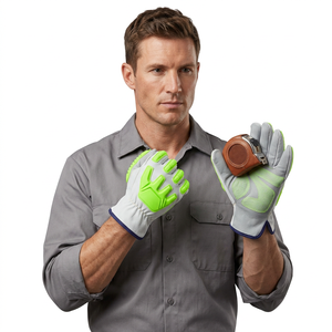 Gants de travail en cuir blanc avec paume et doigts antidérapants verts, gants de sécurité polyvalents - Product Image 2