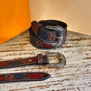 Cinturones de Cuero Genuino Premium para Hombre, Cinturón con Cuentas de Cristal y Hebilla Metálica, Accesorios de Moda al por Mayor, Grabado Floral - Product Image 1