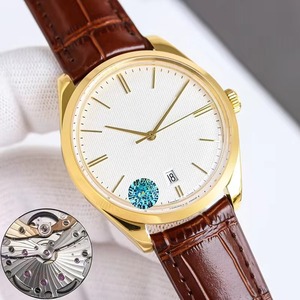 Montre mécanique unisexe haut de gamme, boîtier plaqué or, bracelet en cuir marron, montre minimaliste, saphir lumineux, étanche, date - Product Image 1