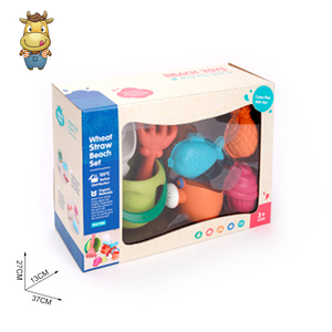Ensemble de 7 jouets de plage en paille de blé pour enfants, avec seau, arrosoir et moules, en boîte de vente au détail - Product Image 4