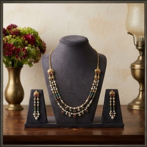 Prayom Gold Fine Jewelry <b>Set</b> 30.060g Multi Layer <b>Necklace</b> and Earrings <b>Pearl</b> Bead Charm Pendant for Wedding Romantic Occasion - Product Image 3