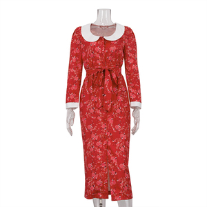 <span class=keywords><strong>Abito</strong></span> Midi Vintage da Donna con Cintura, <span class=keywords><strong>Spacco</strong></span> Frontale e Maniche Lunghe, Vestito Floreale Autunnale - Product Image 5